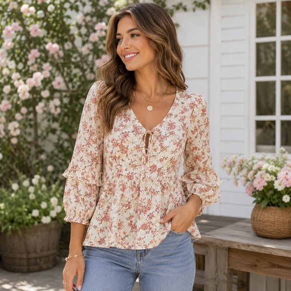 Est 1946 Tops - Est 1946 Womens Floral V-Neck Peplum Blouse Cream Pink 3/4 Sleeve Large
